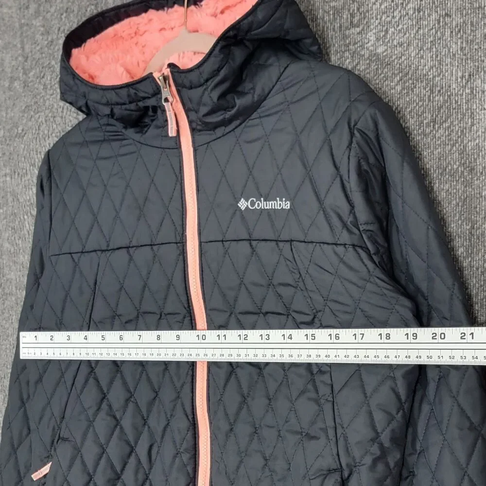 Columbia Diamond Quilted Winter Jacket Girls XL Black Hooded Plush Fleece Lined
